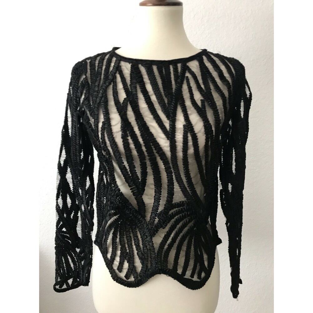 Dilek Hanif for Koton Top Women Sz S Shirt Ribbon Print Semi Sheer Black